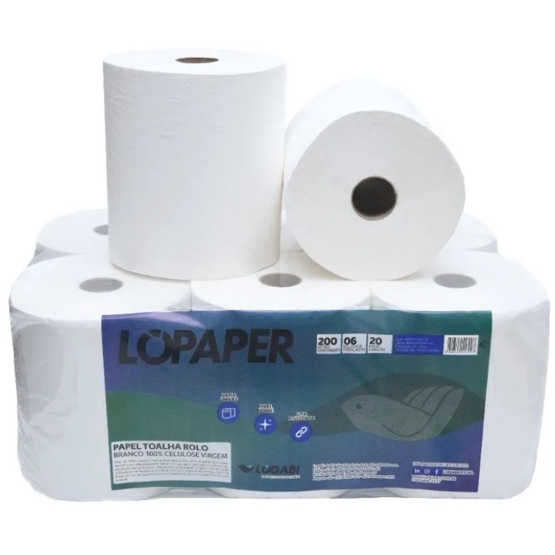 Papel Toalha Bobina 6x200 Celulose Para Toalheiro Auto Corte