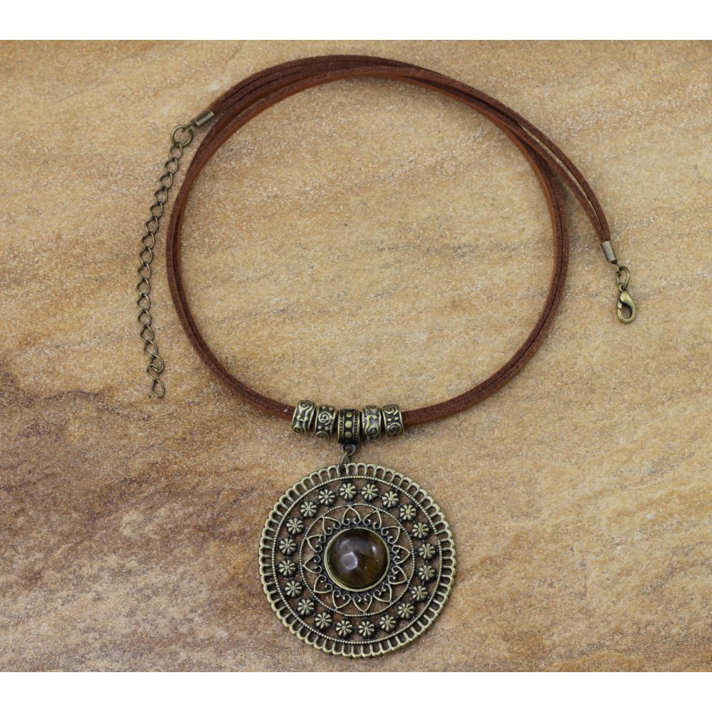 Colar Mandala De Couro Com Pedra Olho De Tigre Bijuterias Femininas