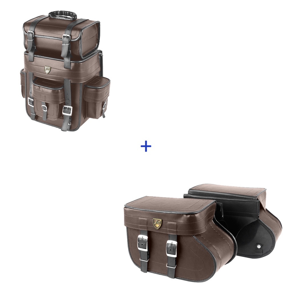 Kit Viagem Alforge Traseiro 32 Litros Couro Sintético Marrom Liso + Alforge Lateral Botinha 18 Litros Couro Sintético Marrom Liso