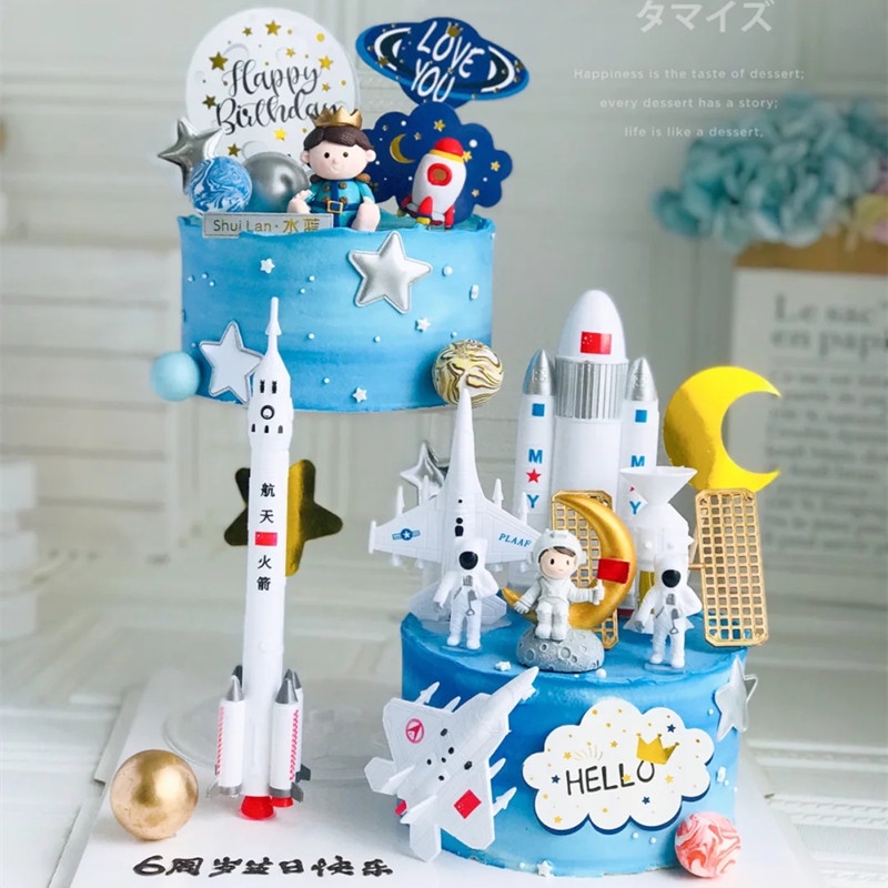 7 Pçs/Set Astronauta Aeronautica Foguete Ornamentos De Exploração Do Espaço LED Shuttle Figuras Brinquedos Bolo Topper Decoração De Aniversário