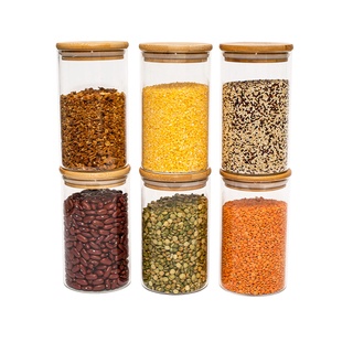 Conjunto de 6 Potes de Vidro Herméticos de 600 ml com Tampa de Bambu