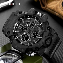 Relógios esportivos masculinos de luxo marca top SANDA à prova d 'água de exibição dupla relógio militar casual masculino