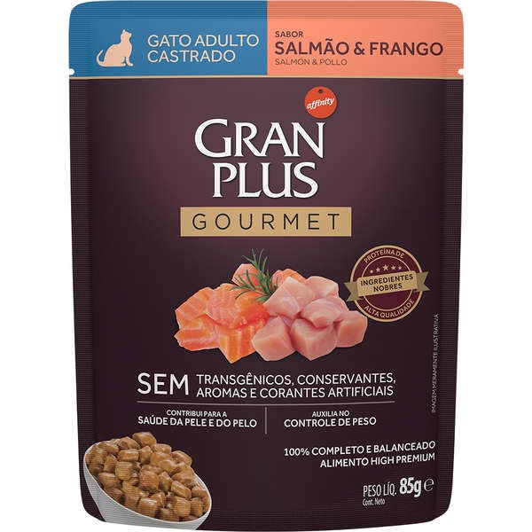 Ração Úmida Gran Plus Gourmet Sachê Salmão & Frango Gatos Castrados caixa com 18 unidades