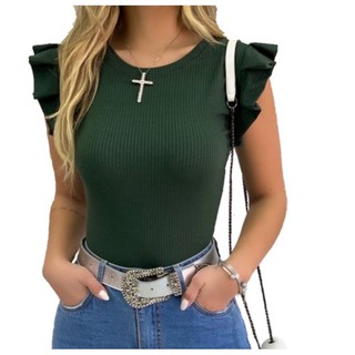 Body canelada manga babado com bojo moda blogueira