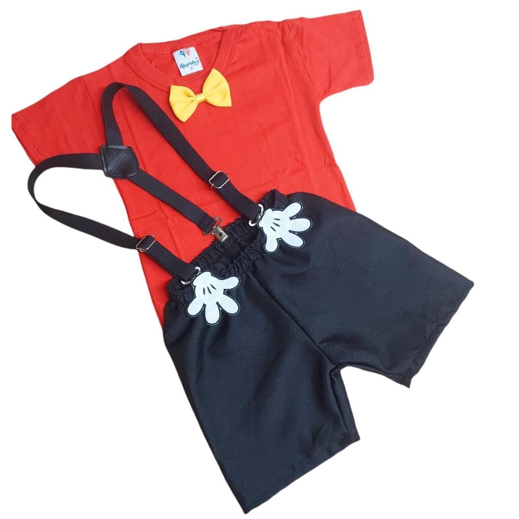 Conjunto Infantil Menino Festa Fantasia Aniversário Shorts + Suspensório + Camiseta C/ Gravatinha