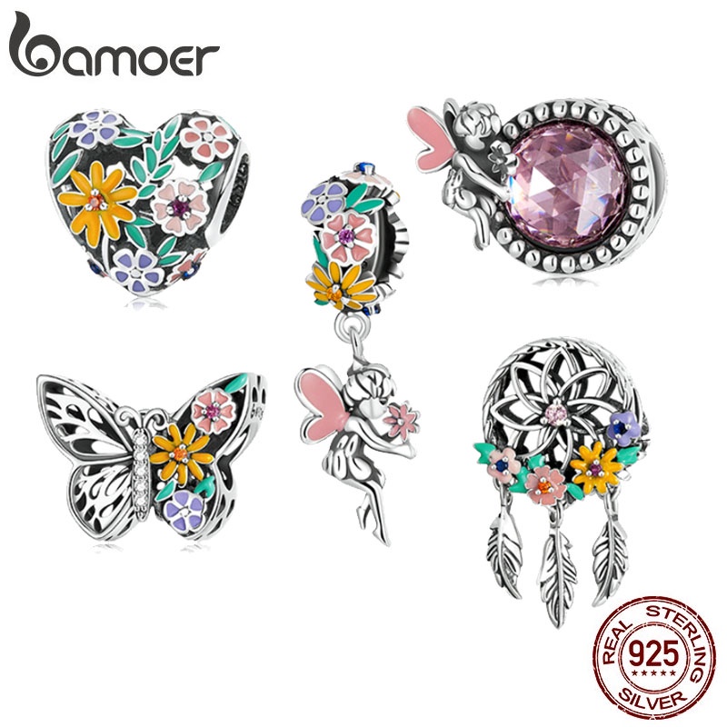 Bamoer 925 Série Primavera Contas De Prata Flor Borboleta Estilo Fada Para Diy Acessórios Pulseira BSC5885 em Oferta na Shopee