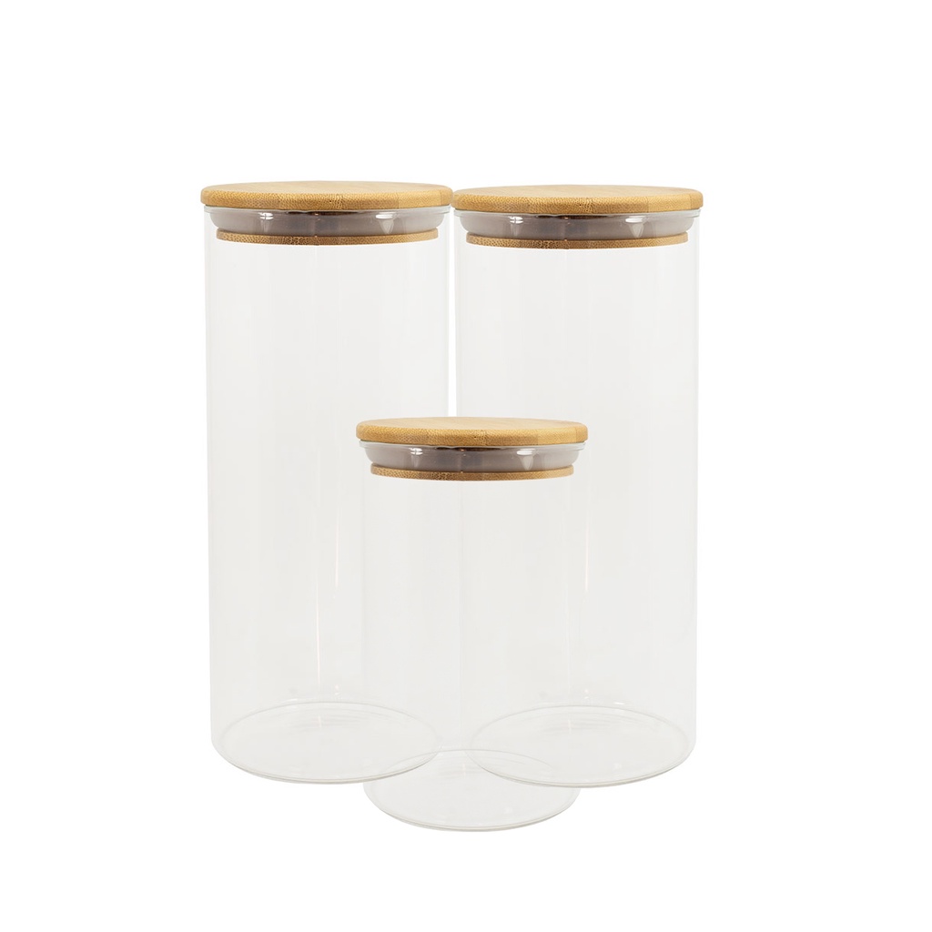 Conjunto 3 potes vidro herméticos c/ tampa de bambu - OIKOS