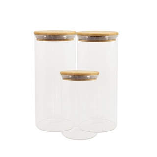Conjunto 3 potes vidro herméticos c/ tampa de bambu - OIKOS