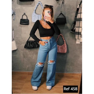 Wide leg delave rasgo denim premium Envio Imediato em Oferta na Shopee