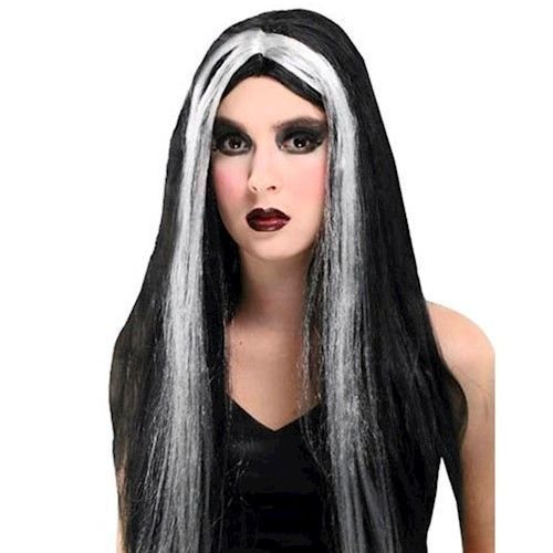 Peruca preta longa com mecha branca vermelha roxo fantasia cosplay halloween carnaval bruxa morticia