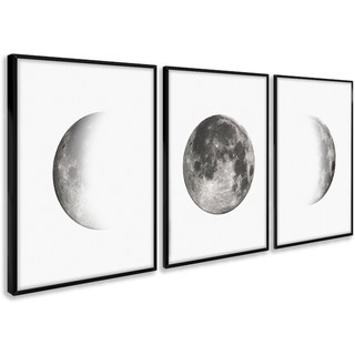 Quadro Decorativo com Moldura e Vidro Tamanho A3 Fases da Lua Minguante Nova Cheia Minimalista Para Sala Quarto Escritório