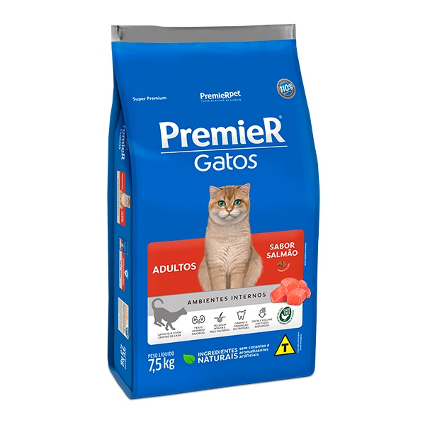 Ração Premier Ambientes Internos para Gatos Adultos Sabor Salmão - 7,5Kg em Oferta na Shopee