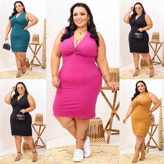 Vestidos Feminino Plus Size Midi Decote em V Nozinho Suplex Canelado Super Confortavel