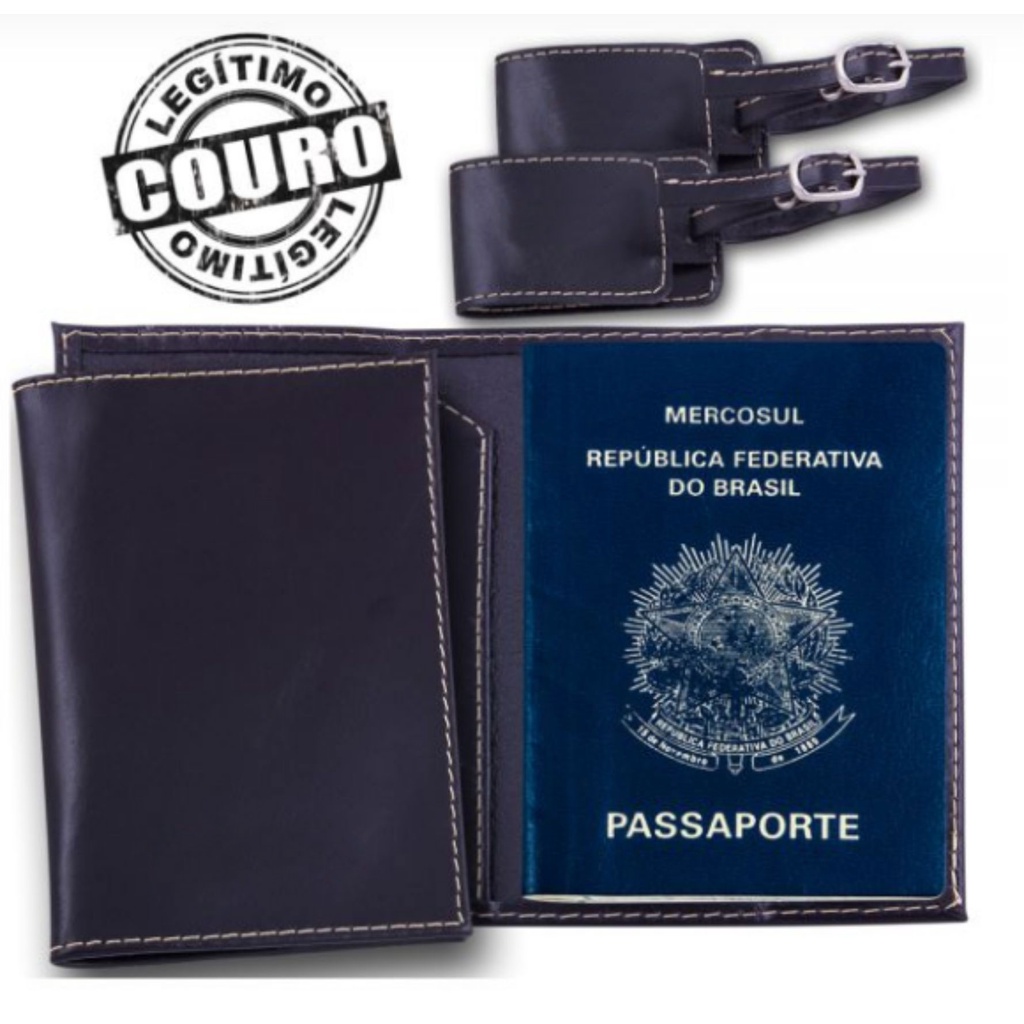 Kit Porta-passaporte com porta cartão E 2 Tag De Mala Em Couro