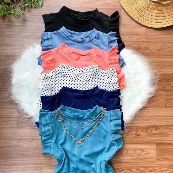 Blusa feminina manga curta babado com elastano malha canelada prática bem