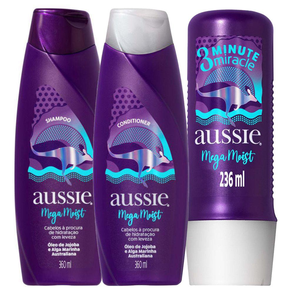 Kit Aussie Mega Moist 360ml+ Condicionador 360ml + Tratamento Aussie Moist 3 Minutos Miraculosos 236ml em Oferta na Shopee