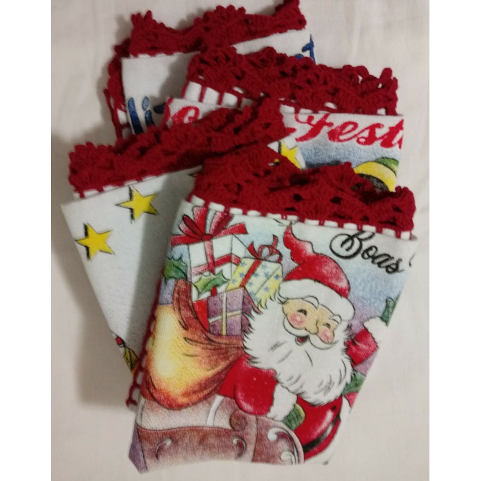 Pano de prato com estampas de Natal e bico de crochê | Shopee Brasil