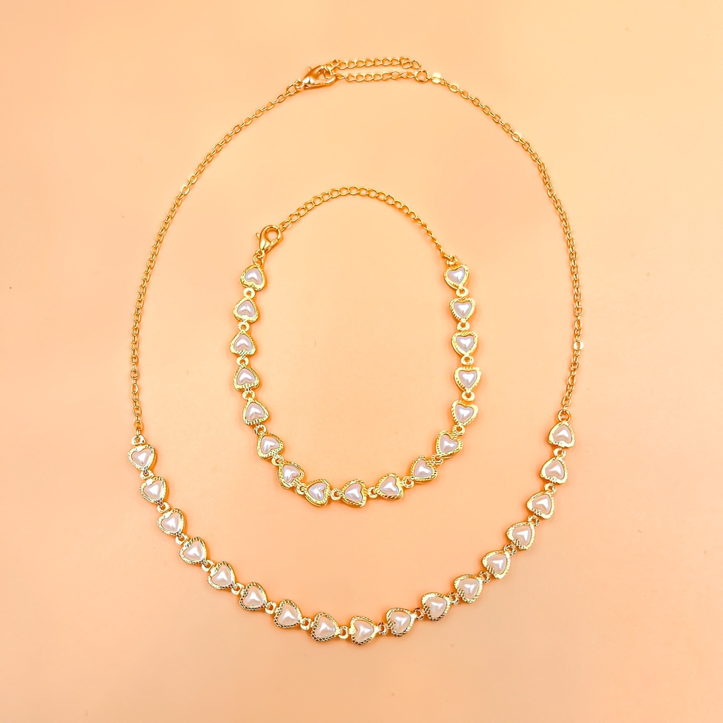 Kit Colar+Pulseira de pérolas de coração delicado choker folheado a ouro 18K