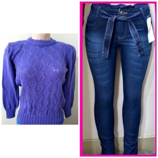 Conjunto: Blusa feminina Frio Malha  Suéter Lã Sintético inverno + Calça Jeans feminina Clochard