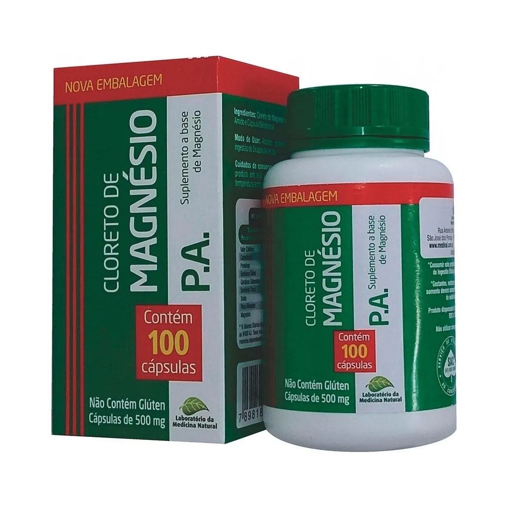 Cloreto de Magnésio PA 100 cápsulas 500 mg Medinal em Oferta na Shopee