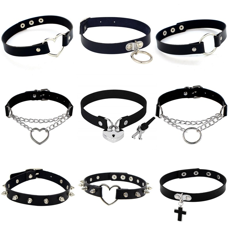 Harajuku Punk Rock Gótico Sexy PU Leather Heart Rodada Spike Rivet Collar Gargantilha