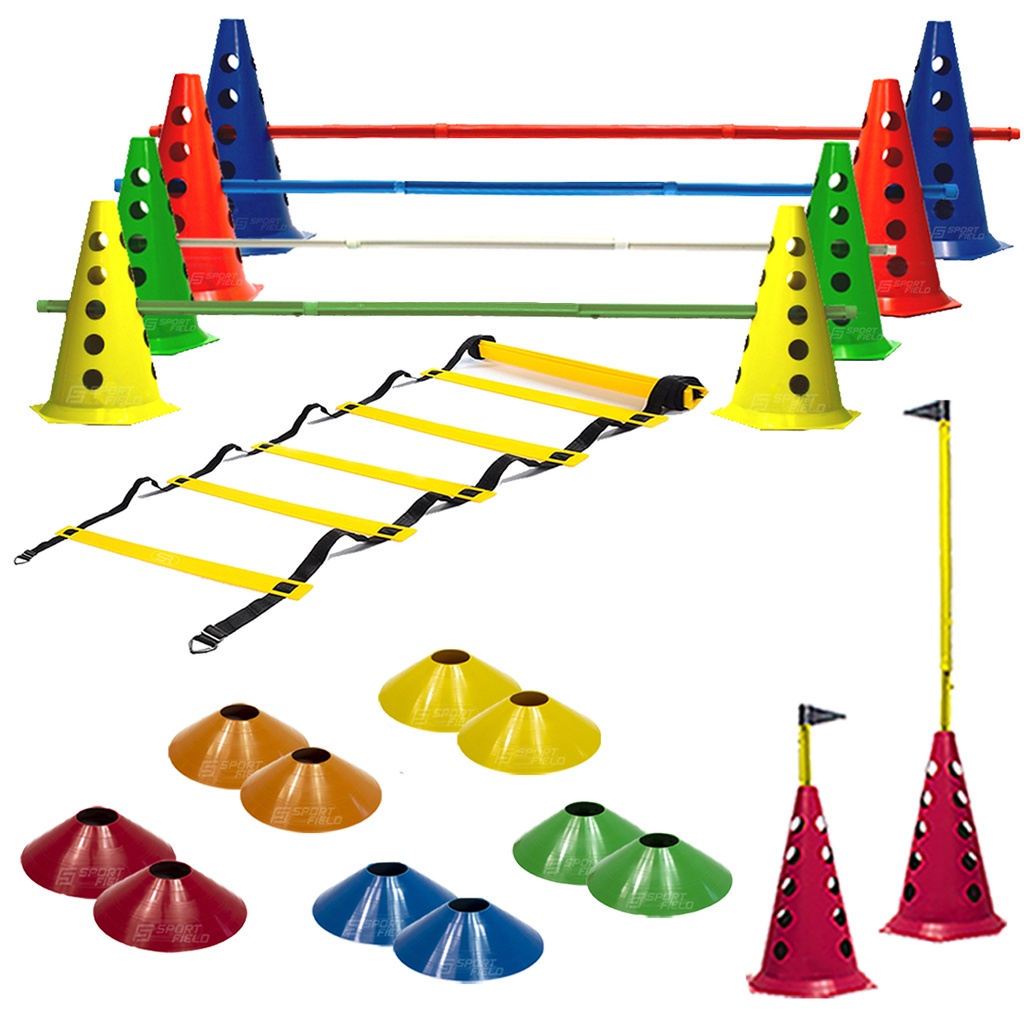 Kit Treino Funcional - 10 Cones Furados C/ 5 Barreiras + Escada Funcional Rígida + 10 Pratos Agilidade