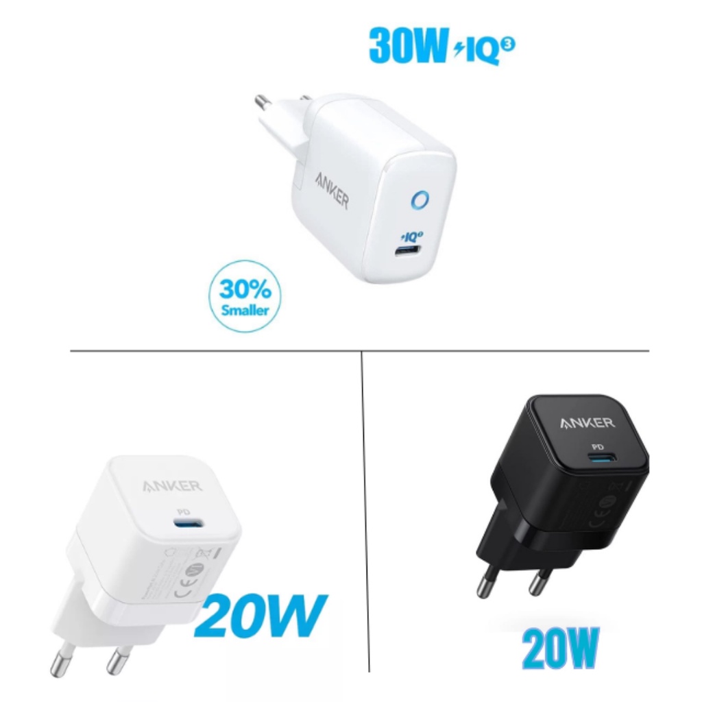 Carregador USB-C Anker 20W e 30W Powerport 3.0 branco para iPhone original PD Rápido Preto