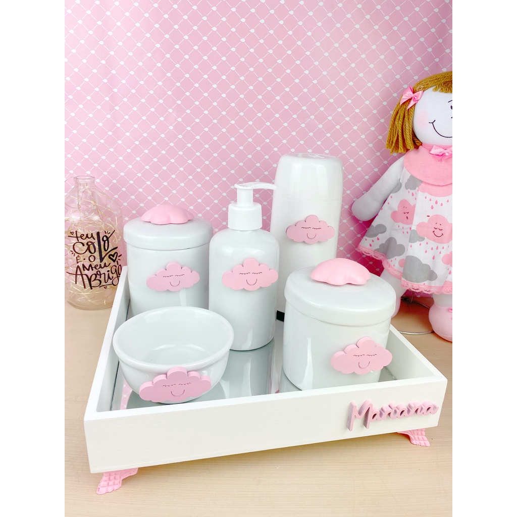Kit Higiene Bebê Porcelana Temas Rosa Nome Personalizado Garrafa Branca