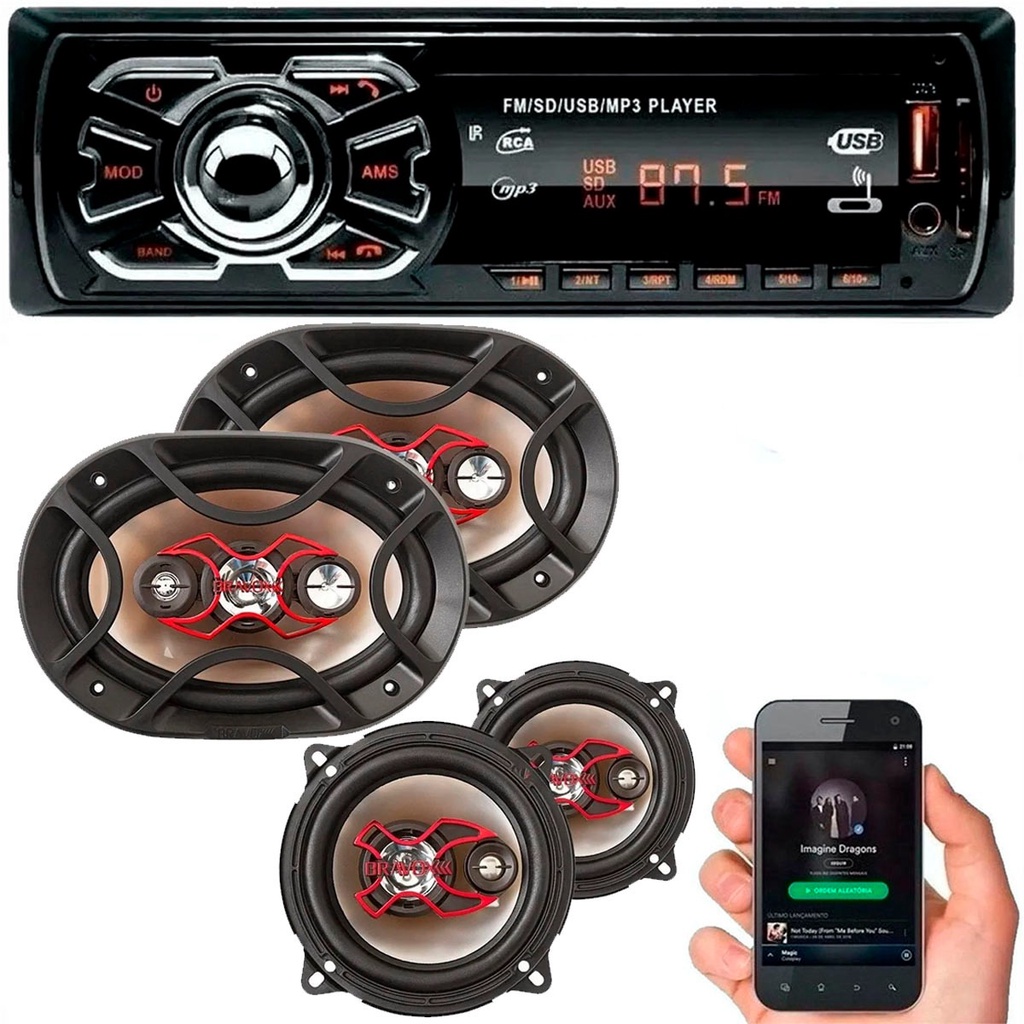 Aparelho De Som Automotivo Rádio MP3 Player Bluetooth, Rádio FM/USB e Alto Falante Bravox 5" + 6x9"
