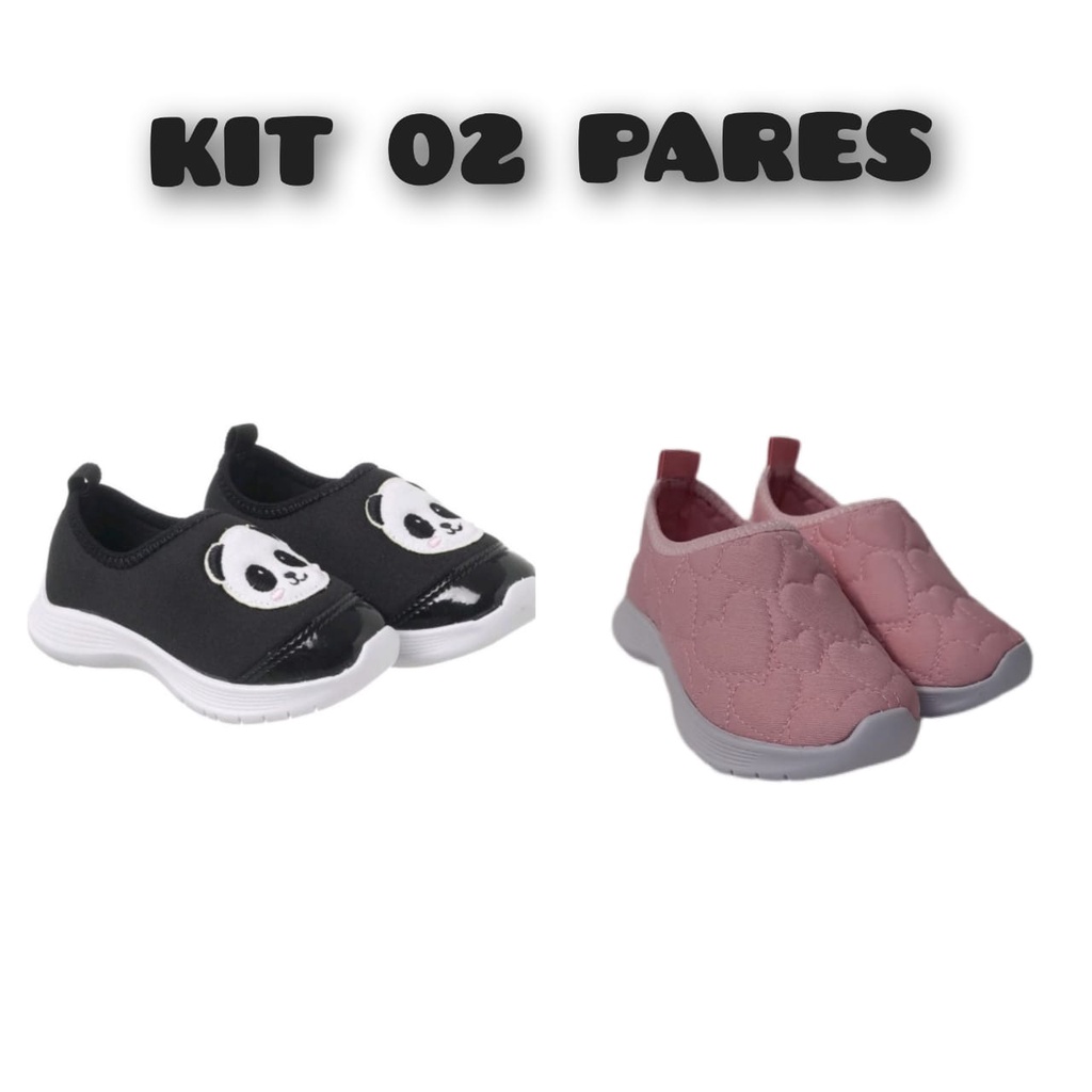 Kit 02 Pares Tênis Feminino Calce Fácil Lançamento Calçados De Meninas Escolar Preto e rosa