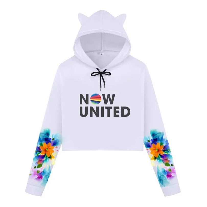 Blusa Cropped de Moletom Feminino Now United Manga Flores Azul e Laranja A369