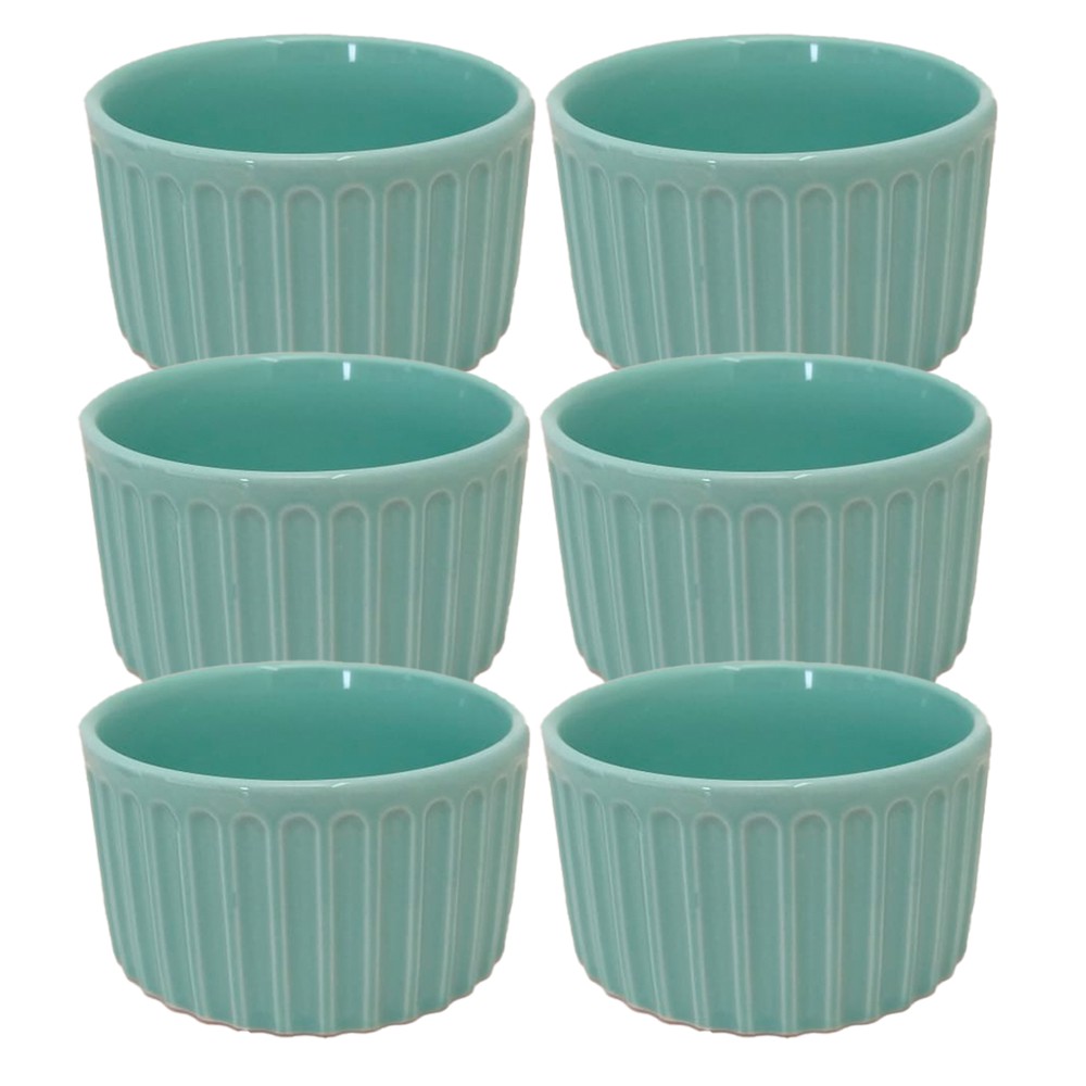 Jogo 6 Ramequim Canelado Verde Porcelana 190 Ml Ramekin Gourmet Molheira