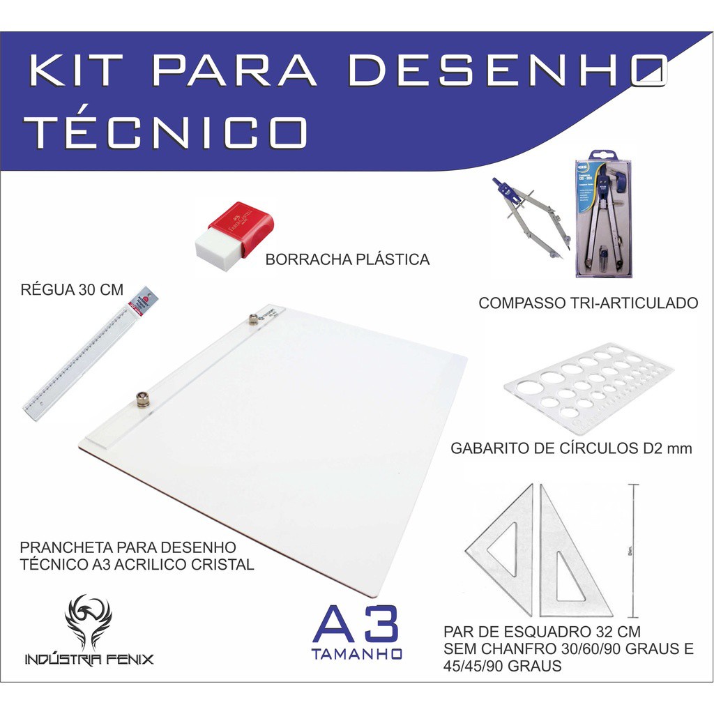 Kit Desenho Técnico Prancheta Engenharia ARQUITETURA A3 ACRILICO Esquadro 32 Compasso 303 GABARITO BORRACHA Regua 30 CM