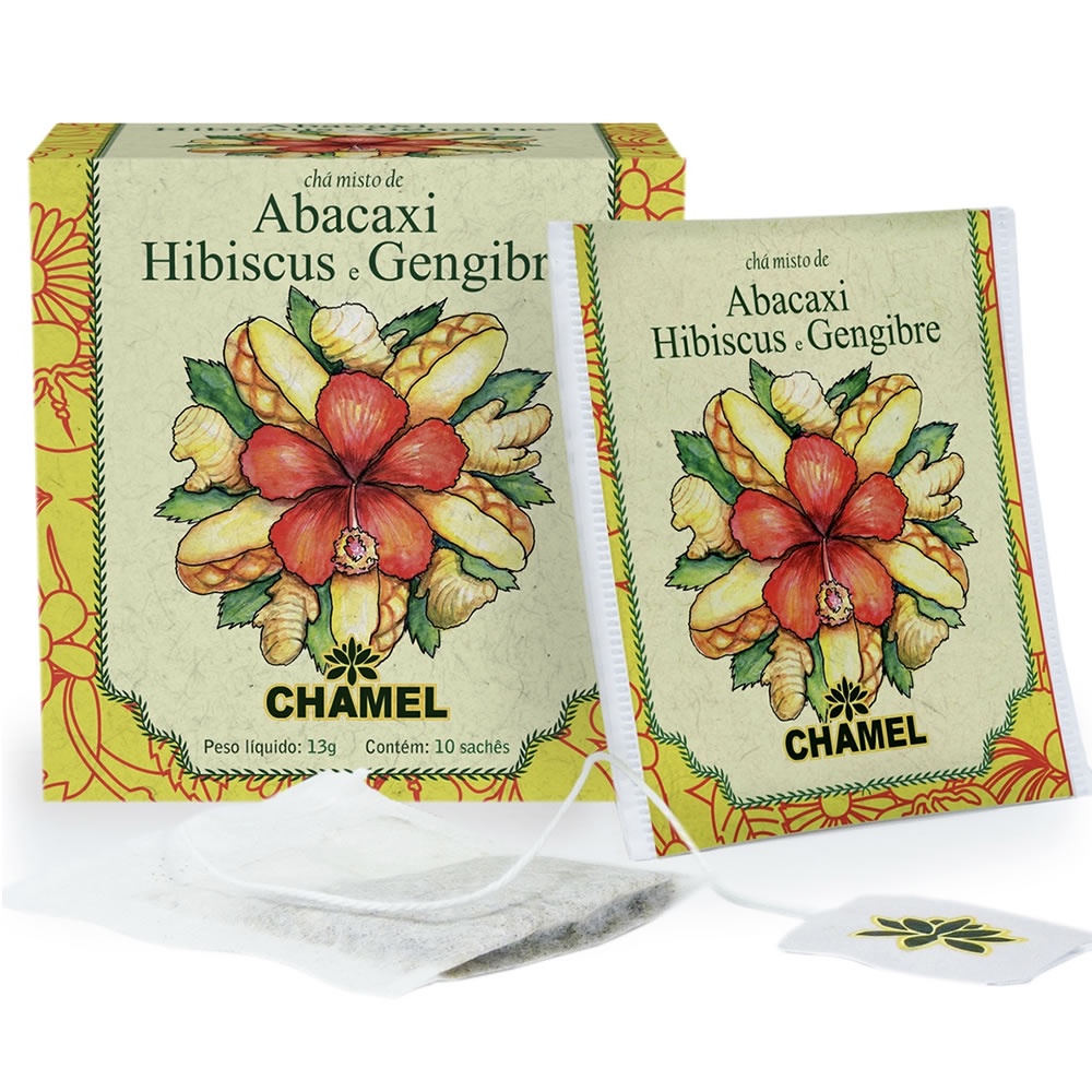 Chá Misto de Abacaxi, Hibiscus e Gengibre com 10 Sachês - Chamel em Oferta na Shopee