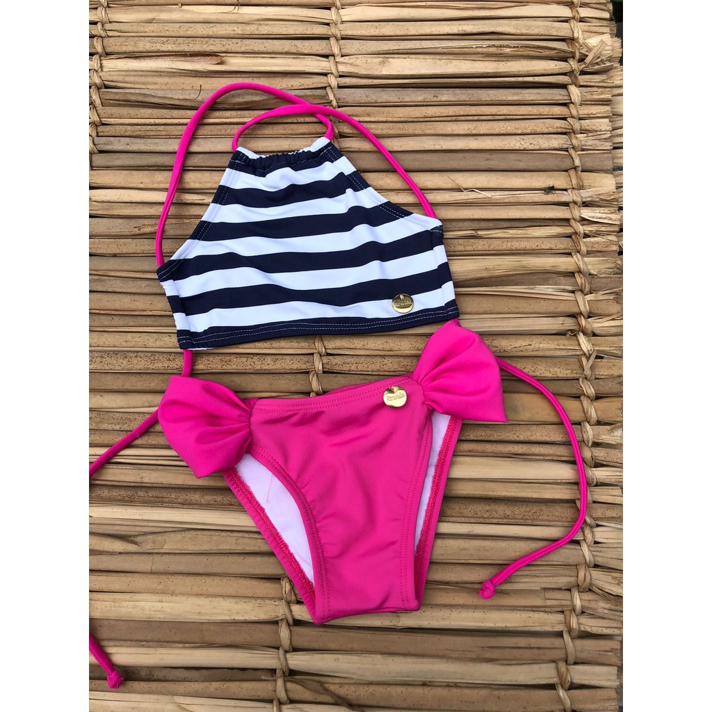 biquini infantil cropped listrado marinho (calcinha drapeada rosa) 2024
