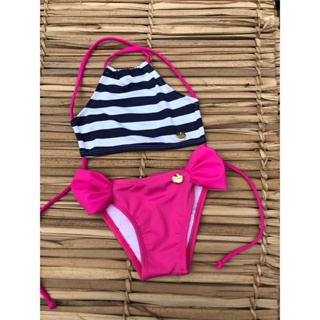 biquini infantil cropped listrado marinho (calcinha drapeada rosa) 2024 em Oferta na Shopee