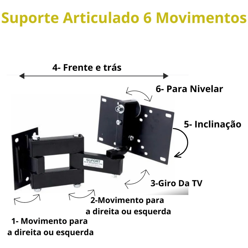 Suporte Tv Monitor Parede Lcd Led Plasma 6movimentos Tri Articulado 15 20 22 27 29 32 39 40 42 43 47 49 50 Polegadas Braço movimento