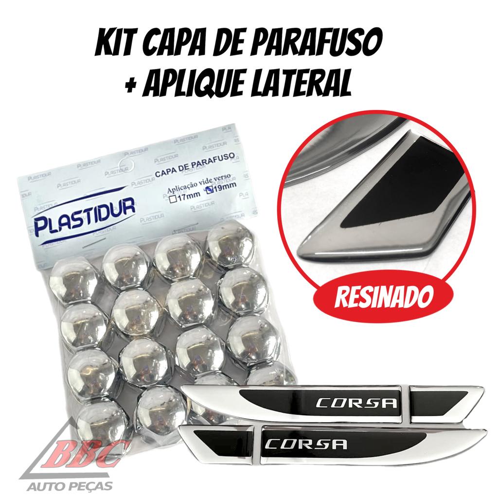 KIT Capa de Parafuso Cromado17mm/19mm 16 Peças Cromada + Par Aplique Lateral Resinado Paralama Porta