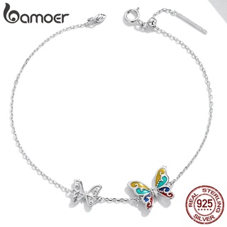 Bamoer 925 Pulseira De Prata Borboleta Colorida 20 Cm Cadeia Ajustável Moda Jóias Presentes Para Mulheres SCB228