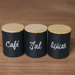 Kit 3 Unid Pote Para Café Açúcar Sal Tampa de Madeira Porta Mantimentos Decorado