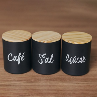 Kit 3 Unid Pote Para Café Açúcar Sal Tampa de Madeira Porta Mantimentos Decorado em Oferta na Shopee