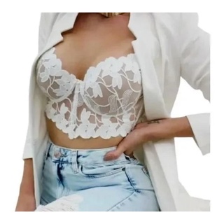 Cropped Renda Tule De Flor Real Guipir Feminino