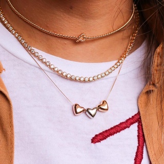 Colar Feminino Amoeto Trio de Corações Semijoia Banhado Ouro E Ródio