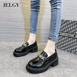 IELGY Estilo Britânico Feminino Sola Grossa Salto Grosso De Couro Brilhante Pequeno Sapatos