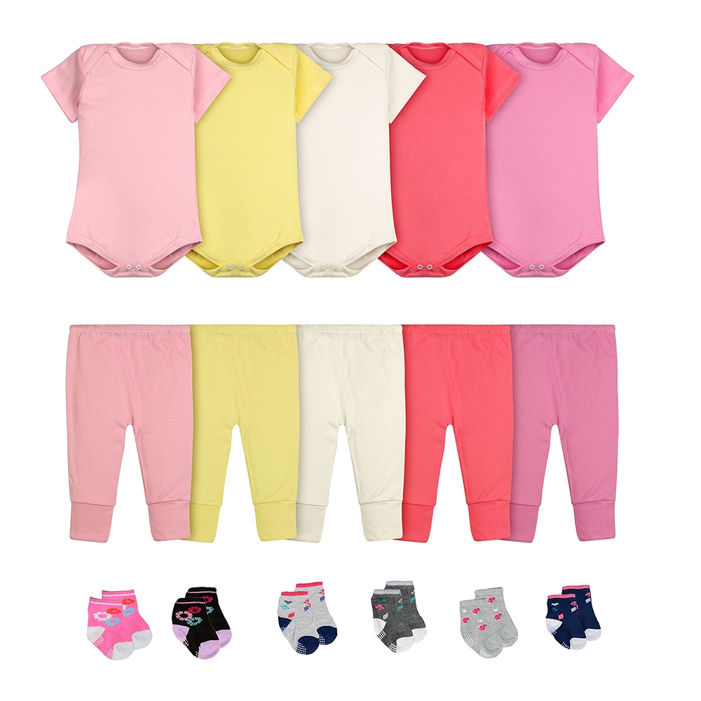 Body Bebê Calça Mijão e Meias Kit 16 Peças Manga Curta Feminino Roupinha de Bebê