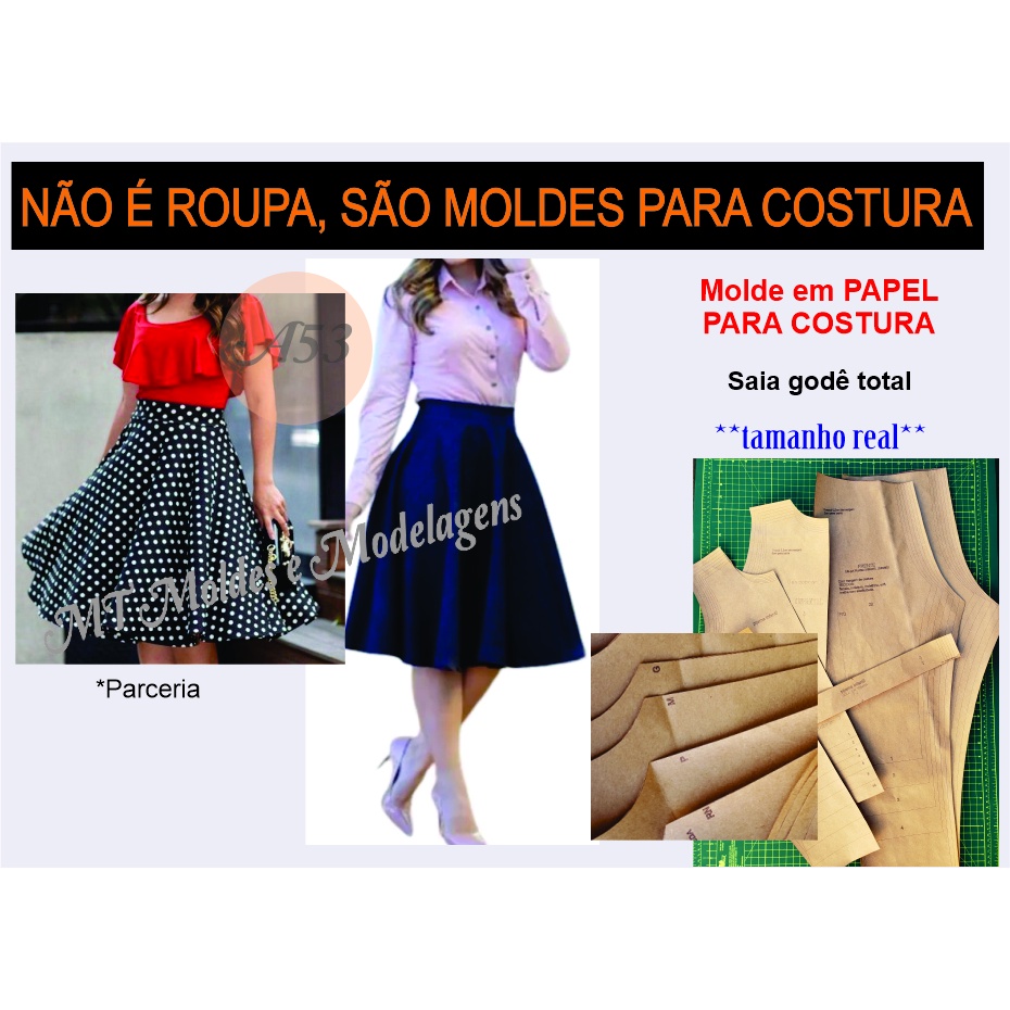 Molde de Roupa Modelagem Saia Godê Total  Na Grade TAMANHOS: PP,P,M,G,GG. EXG 80g em Oferta na Shopee
