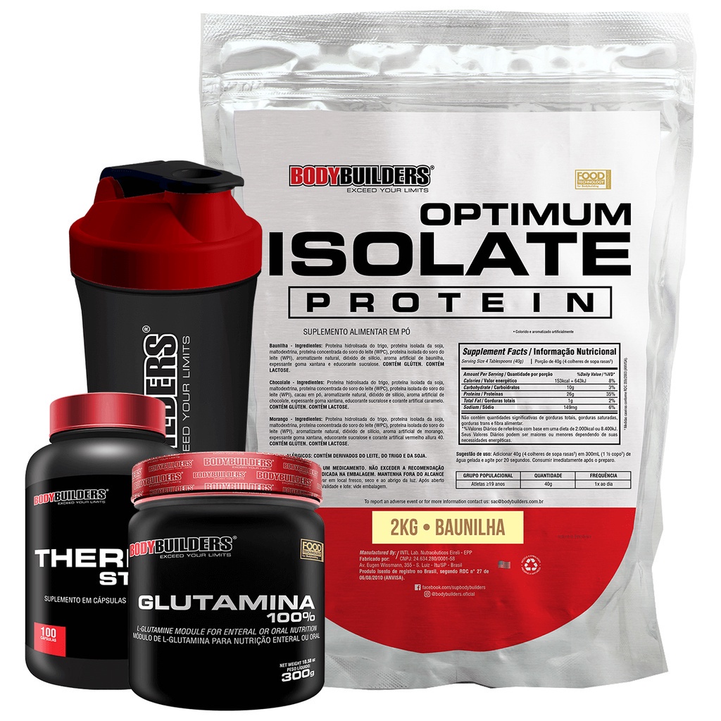 Kit Whey Optimum Isolate Protein 2kg + Thermo Start 100 Cápsulas + Glutamina 100% 300g + Coqueteleira - Energize sua Musculação Com Proteínas Para Ganho de Massa Muscular - Bodybuilders