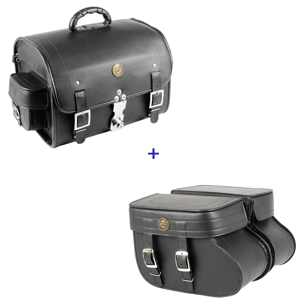 Kit Viagem Alforge Traseiro 35 Litros C/ Chave Fechadura Tranca em Couro Sintético Liso + Alforge Lateral Botinha 18 Litros Couro Sintético Liso