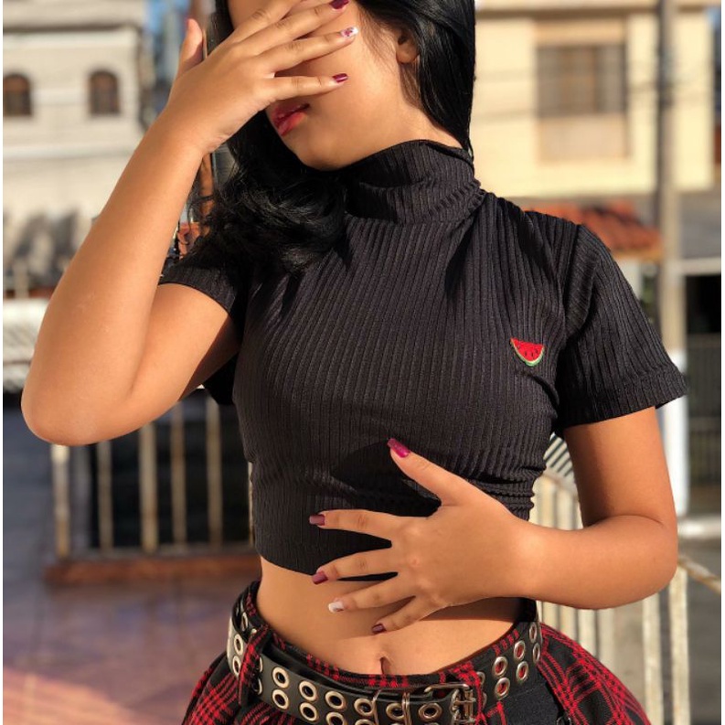Cropped Preto Canelado Melancia Tumblr Harajuku Feminino