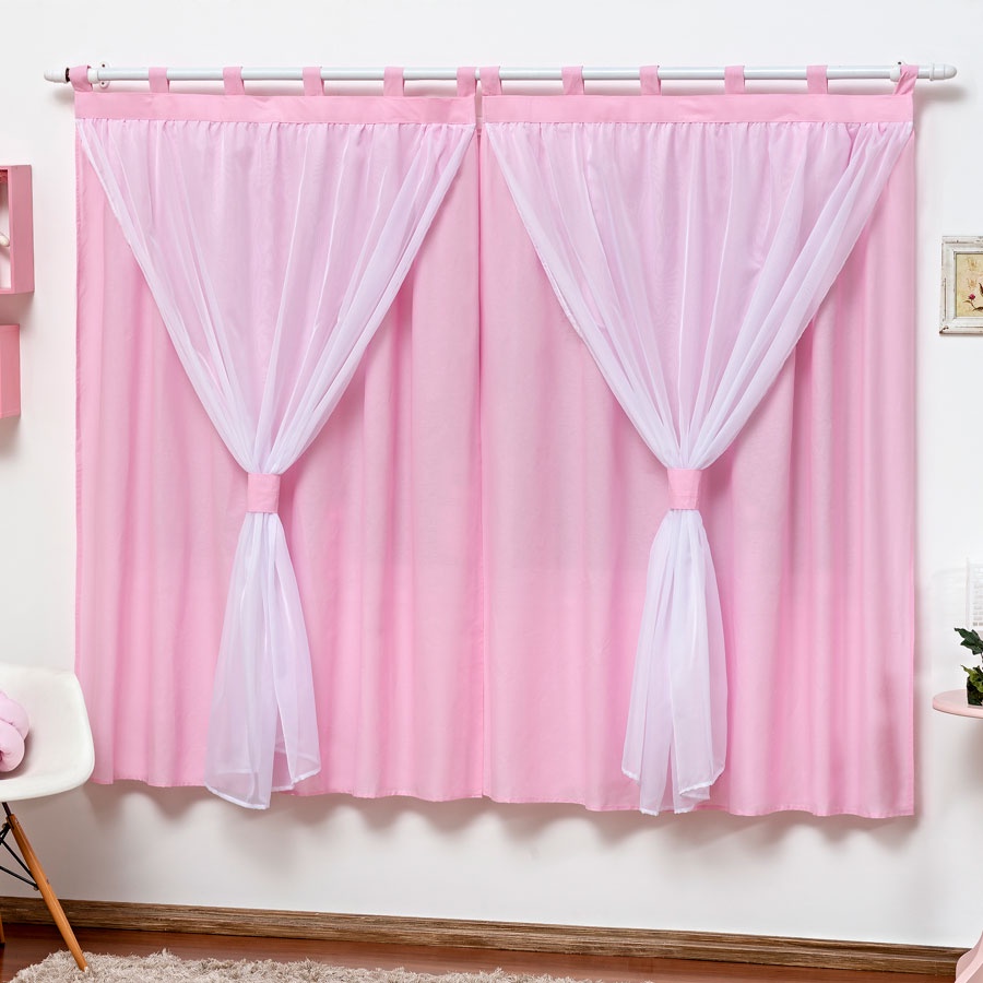 Cortina Fofa Para Varão Janela Quarto Bebe Menina Rosa Com Voal 2 Metros Baby GOLD BABY LINHA BABY